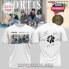 White CORTIS t-shirt with a group image and printed autographs around a bold black graphic on the back!