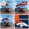 Denver Broncos collectible bottle shaped like the team's horse logo, with a crown on top, in front of the stadium.