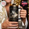 Elvis Presley 90th Anniversary tumbler with gold lid held by a man in a white and gold outfit, emphasizing the collectible nature of the product!