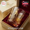 Freddie Mercury collector glass in a box with gold design, musical elements, and red velvet interior.