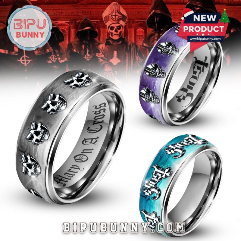 Ghost Mary On A Cross Silver Tungsten Ring