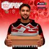 A person in a red hoodie holds out a box with red and white Indiana Hoosiers shoes on top. The sneakers display 2026 Rose Bowl Champions text and team logos, with a backdrop of football players in action adding excitement and context!