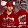 A man wearing a red Indiana Hoosiers hoodie and cap featuring Rose Bowl Champions artwork with team logo roses and championship theme!