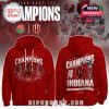 Red Indiana Hoosiers hoodie displayed from front and back with bold Rose Bowl Champions artwork trophy and team branding!