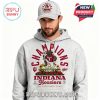 A light gray hoodie with a front graphic of the Indiana Hoosiers mascot holding a trophy, set above the Rose Bowl stadium and red roses, with text reading Indiana Hoosiers 2026 Rose Bowl Champions.