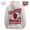 A front-facing view of a white hoodie featuring a colorful graphic of Indiana Hoosiers mascot celebrating their 2026 Rose Bowl win with trophy, stadium, and roses.