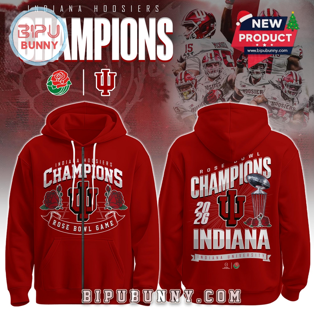 Indiana Hoosiers Rose Bowl Champions Red Hoodie 2026 Indiana Hoosiers Rose Bowl Champions Red Hoodie 2026