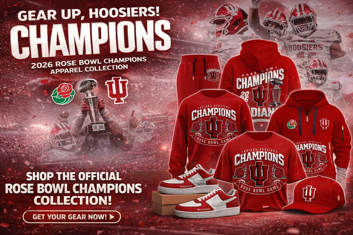 Indiana Hoosiers Rose Bowl Champions Red Hoodie 2026 banner featuring a crimson red hoodie with “CHAMPIONS” graphic and IU logo