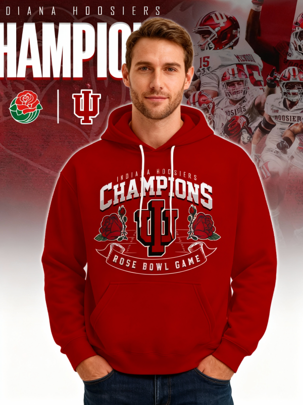Indiana Hoosiers Rose Bowl Champions Red Hoodie 2026 in crimson red with bold CHAMPIONS lettering and IU mark