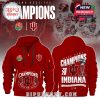 Two views of a red hoodie: front side featuring Indiana Hoosiers logos and the word CHAMPIONS, back side with large text highlighting their 2026 Rose Bowl win, a trophy image, and official branding!