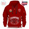 Front design of a hoodie with Indiana Hoosiers and Rose Bowl logos, bright white CHAMPIONS text, floral elements, and functional zippers for a sporty and bold look!