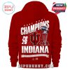 Back design of a red hoodie featuring bold white and silver typography, the Indiana University logo, a football trophy, red roses, and official Rose Bowl celebration elements!