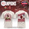 White Indiana Hoosiers tshirt with full Rose Bowl Champions visuals on front and back, highlighting mascot, trophy, and official team logos!