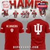Front and back views of the red Indiana Hoosiers Football hoodie with team and conference logos.