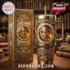 Golden Indiana Jones 40oz tumbler with jewel-style design, snakes, and anniversary art next to themed collector packaging.