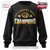 Front view of a black Iowa Hawkeyes Champions crewneck sweater with bold team graphics!