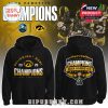 Black Iowa Hawkeyes Champions hoodie shown front and back with bold football action background and 2025 trophy graphics!