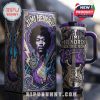 Jimi Hendrix tumbler and box set with purple and metallic tones, featuring guitar embossing and Hendrix artwork!