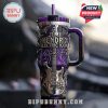 Upright Jimi Hendrix tumbler in purple with silver guitar details, handle on the right, and reusable straw!