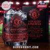 Manchester United branded whiskey-style glass with 148th anniversary engraving and premium black packaging, set against a dramatic football stadium backdrop!