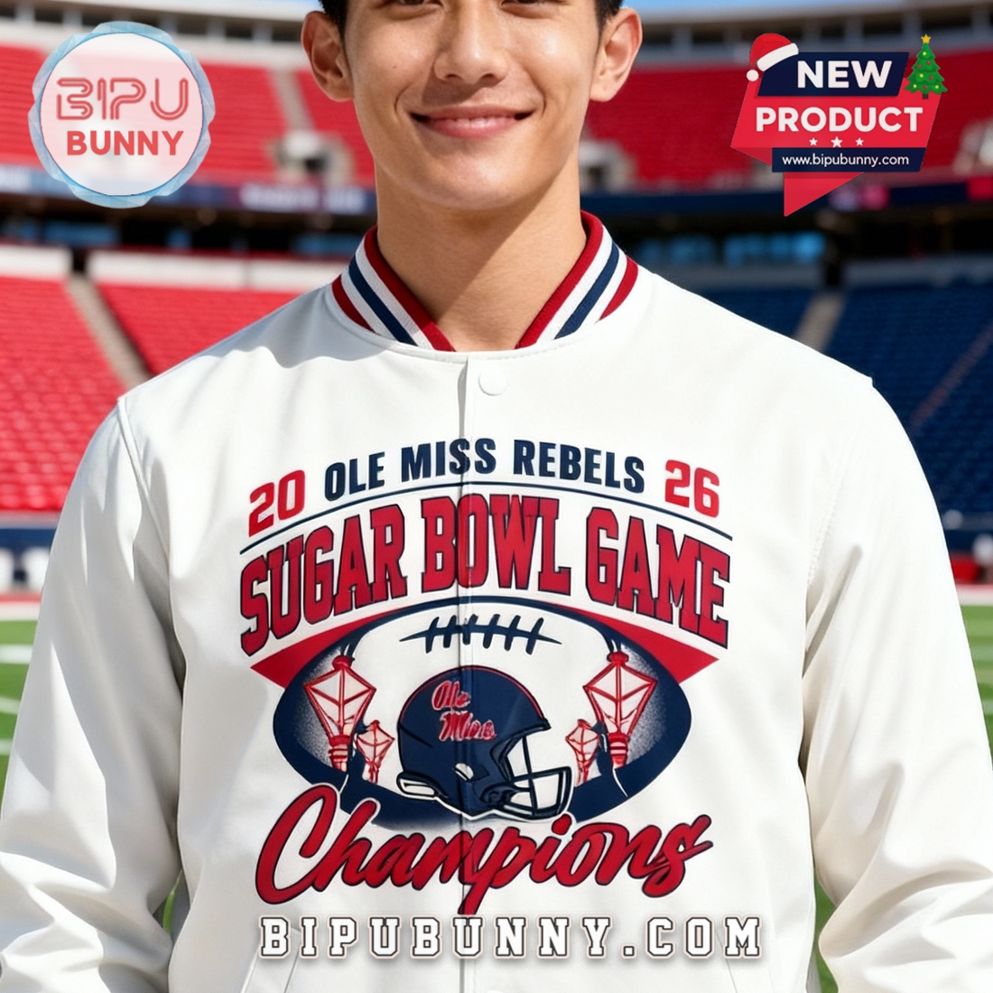 Ole Miss 2026 Allstate Sugar Bowl Champions White Baseball Jacket Ole Miss 2026 Allstate Sugar Bowl Champions White Baseball Jacket