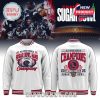 Front and back views of the varsity-style white jacket highlighting Sugar Bowl Champions design, Ole Miss helmet logo, and official trophy emblem!