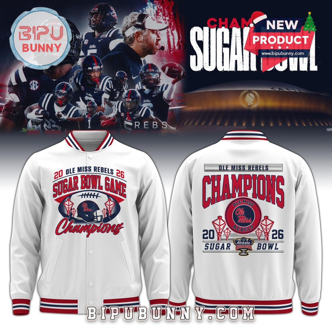 Ole Miss 2026 Allstate Sugar Bowl Champions White Baseball Jacket Ole Miss 2026 Allstate Sugar Bowl Champions White Baseball Jacket