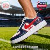 Ole Miss navy red and white sneakers worn on a football field with stadium background!