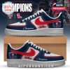 Ole Miss championship sneakers in navy red and white displayed on a box with sports themed backdrop!