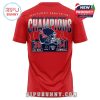 A red 2026 Sugar Bowl Champions t-shirt showing the final score between Ole Miss and Georgia, with a central football helmet graphic and bold tournament design!
