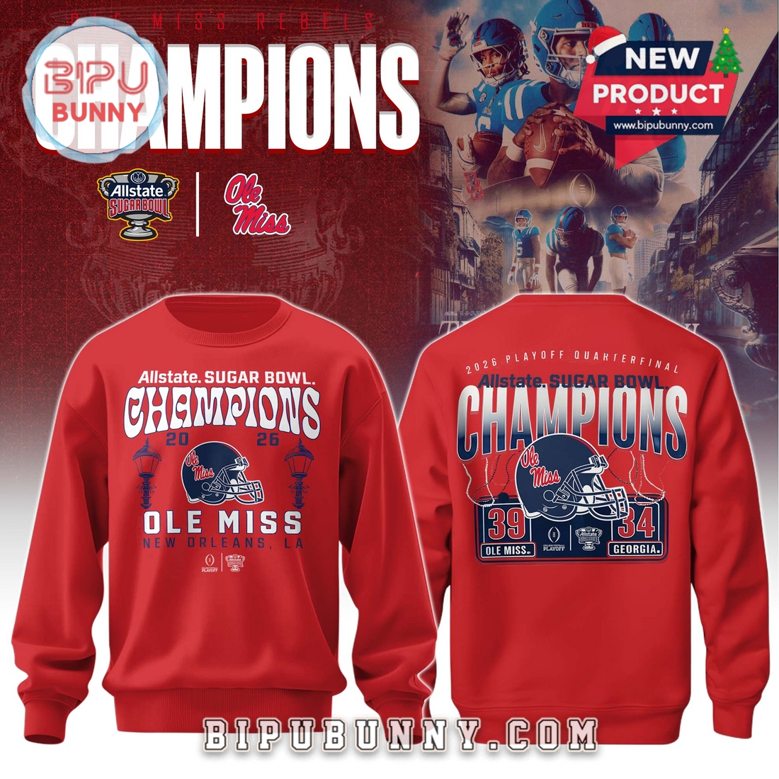 Ole Miss Rebels Sugar Bowl Champions Red Hoodie 2026 Ole Miss Rebels Sugar Bowl Champions Red Hoodie 2026