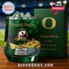 Detailed shot of Oregon Ducks glass with mascot and premium packaging