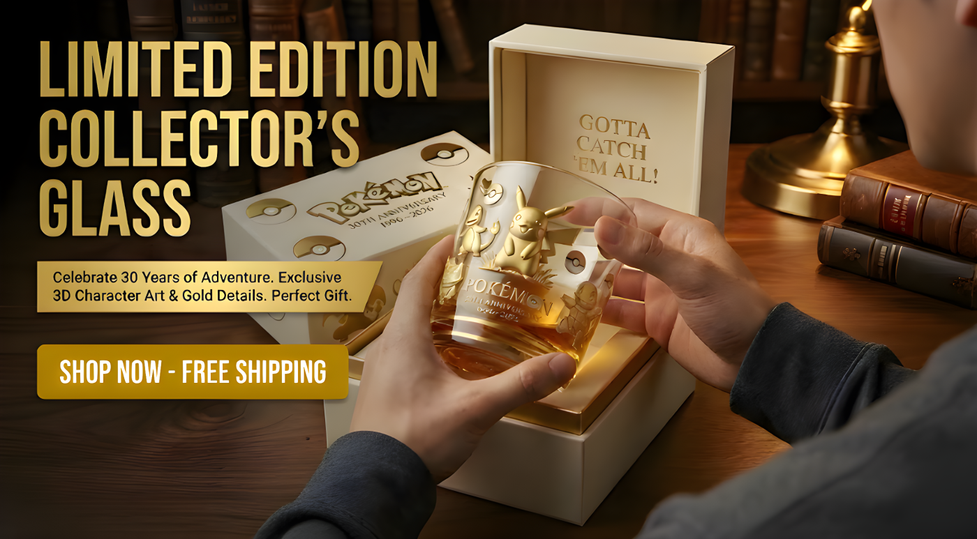 Pokemon 30th Anniversary Commemorative Whiskey Glass in a premium gift box with gold artwork and Poké Ball icons