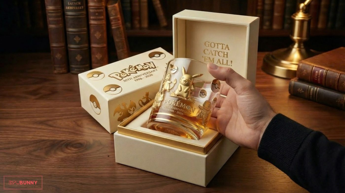 Close up of the Pokemon 30th Anniversary Commemorative Whiskey Glass showing gold character artwork and Poké Ball icons