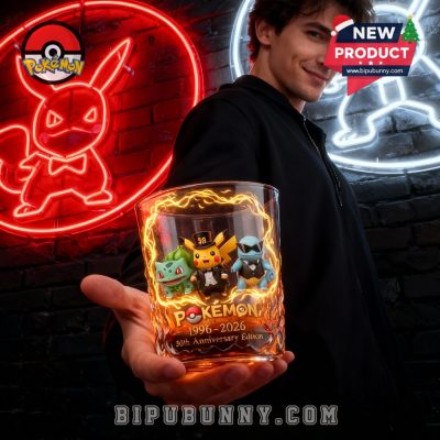 Pokemon Pikachu Bulbasaur Squirtle 30th Anniversary Whiskey Glass