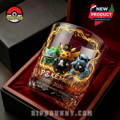 Pokemon Pikachu Bulbasaur Squirtle 30th Anniversary Whiskey Glass