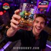 A smiling man joyfully raises a shimmering Pokémon anniversary glass showing dressed-up Pikachu, Bulbasaur, and Squirtle against a festive city night backdrop!