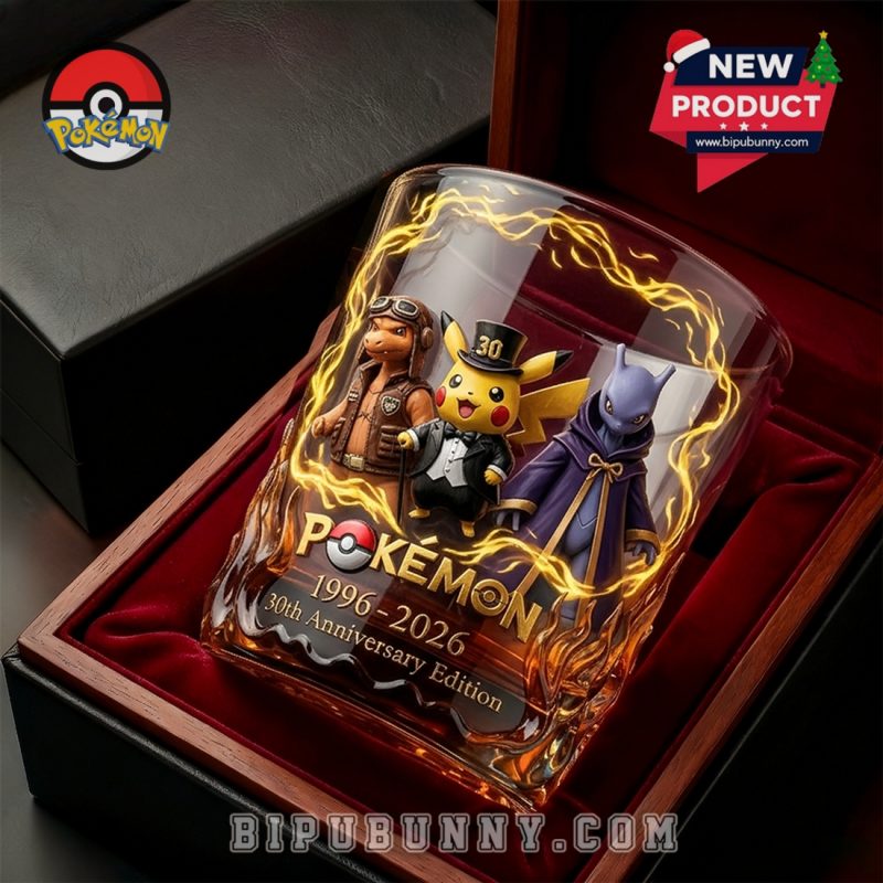 Pokemon Pikachu Charizard Mewtwo 30th Anniversary Whiskey Glass