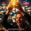 A happy man holds a glowing 30th Anniversary Pokémon collectible glass aloft, with a night city skyline behind him!