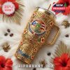 Gold Puerto Rico themed tumbler with a handle, straw, flowers and a faux jewel design.!
