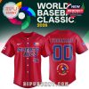 Red baseball jersey with PUERTO RICO lettering, flag patch, PR initials, WBC 2026 logo, and personalized number and name area!