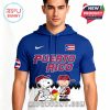 Man wearing blue Puerto Rico baseball hoodie with cartoon baseball characters national flag logo and athletic look!