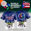 A close-up of the Puerto Rico baseball jersey with playful cartoon characters and vibrant details, showing off the World Baseball Classic 2026 branding.