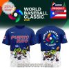 Blue and white T-shirt with Puerto Rico and World Baseball Classic 2026 designs, featuring cartoon frog mascots in baseball poses, logos on sleeves and back!