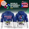 Blue and white hoodie with World Baseball Classic 2026 design, featuring Puerto Rico branding and cartoon frog characters in baseball uniforms front and back!