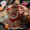Sammy Hagar Red Rocker themed tumbler with gold straw and handle, surrounded by guitars and concert tickets.!