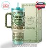 Detailed Shrek tumbler with a vine-themed handle and a Shrek-themed box in the background.!
