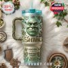 Detailed Shrek insulated mug with handle, straw, and ornate design features.!