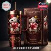 A love-themed stainless tumbler in burgundy is placed next to an illustrated gift box marked “Snoopy Love Valentine Edition” with playful and romantic graphics!
