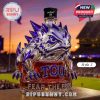 TCU mascot whiskey bottle with black cap and purple and silver design.